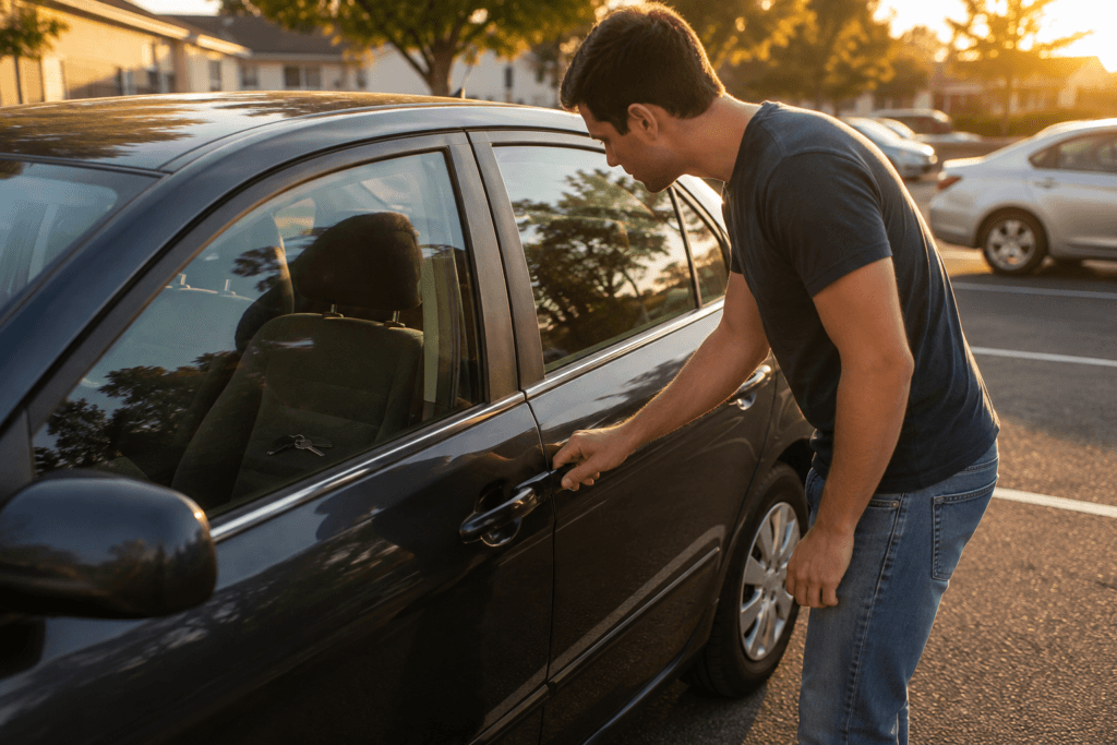 person locked out of car checking driver's side door handle