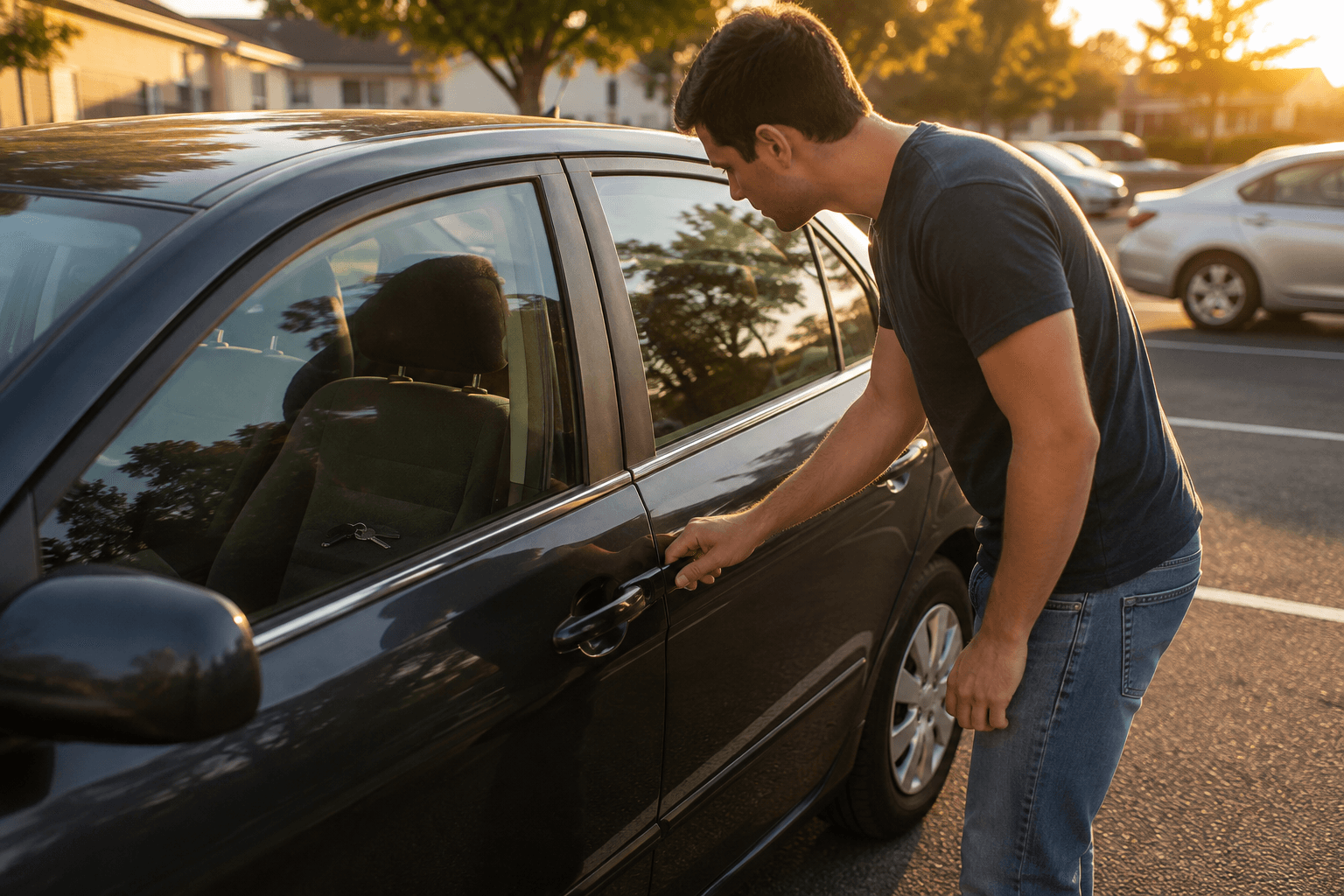 person locked out of car checking driver's side door handle